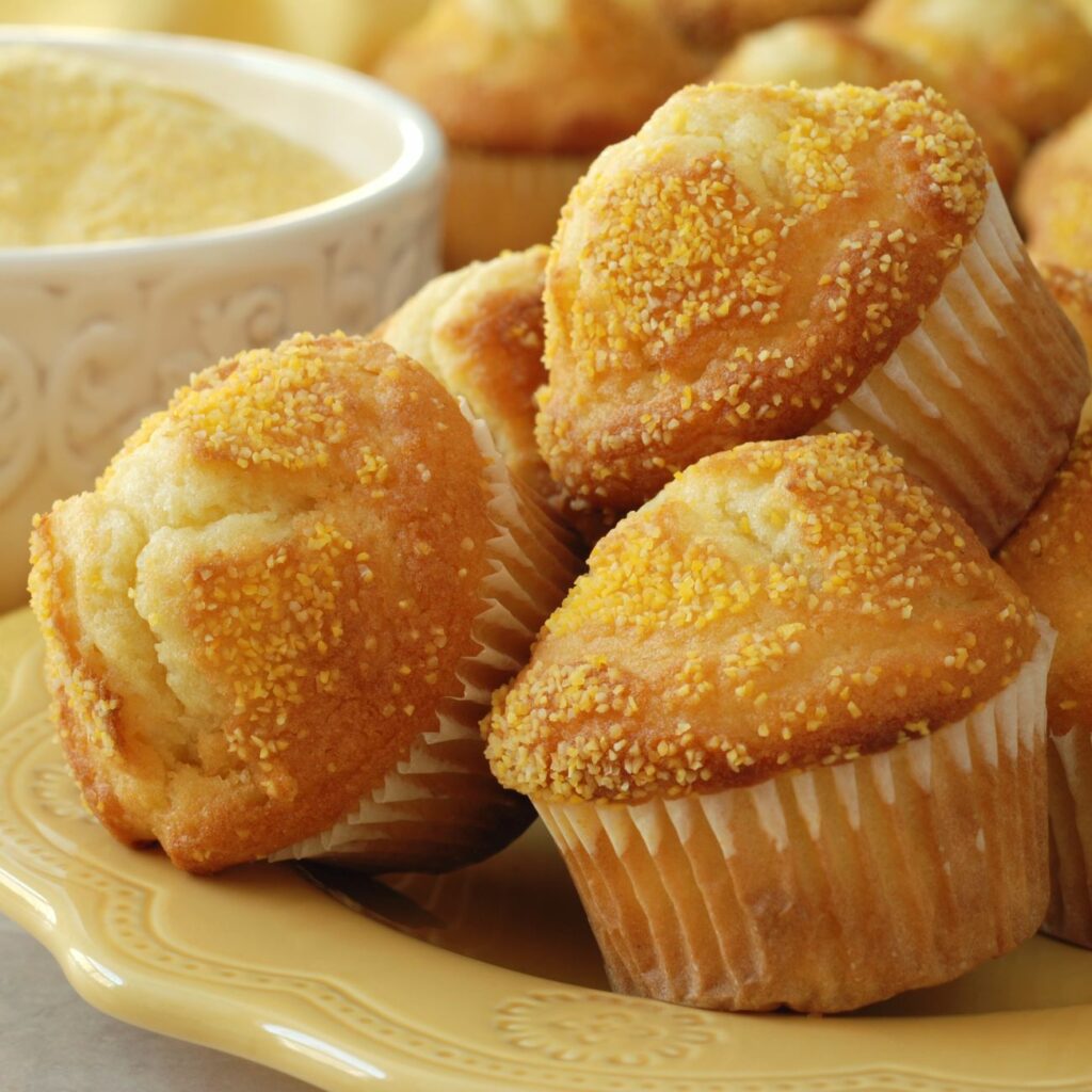 Muffiny z kukuričného chleba sú zobrazené naskladané na žltom tanieri.