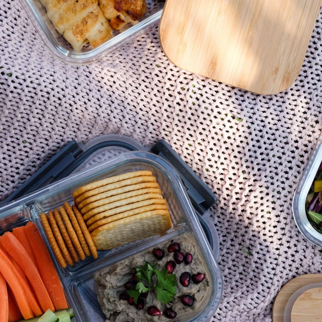 Picknick Rezepte: Praktische Aufbewahrungsdosen werden auf der Picknick Decke gezeigt.
